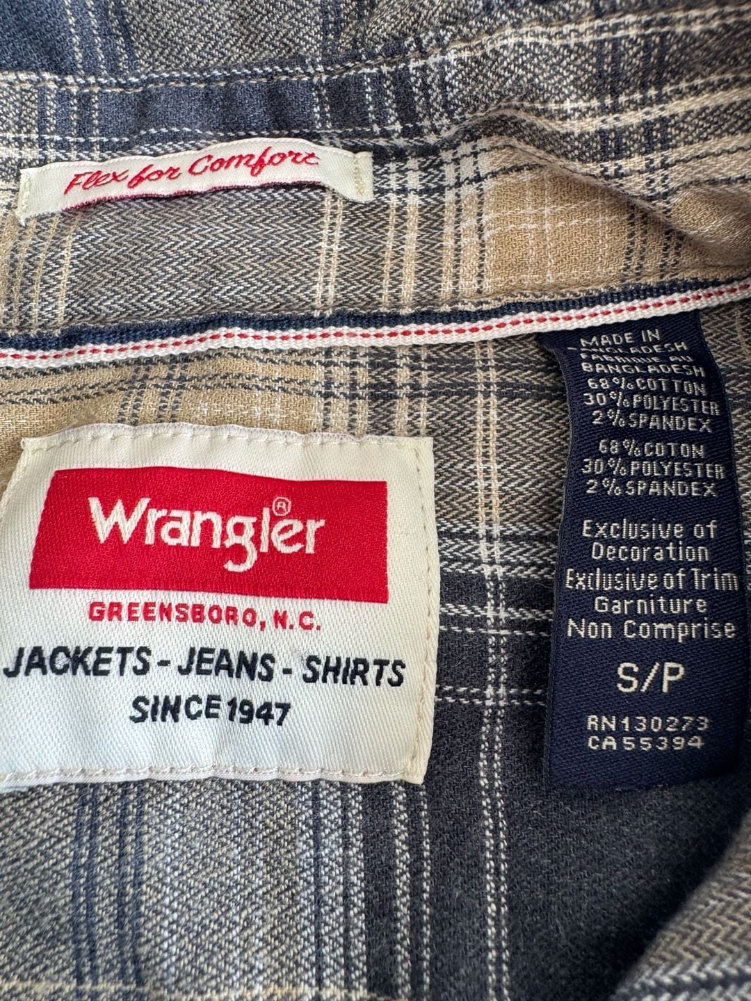 Wrangler Plaid Long Sleeve Shirt Size S/P Tan Navy Blue Flannel Western Shirt 3