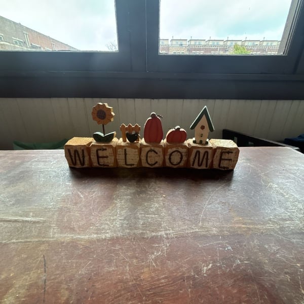 Primitive Folk Art Wooden Welcome Sign Fall Decor Blocks