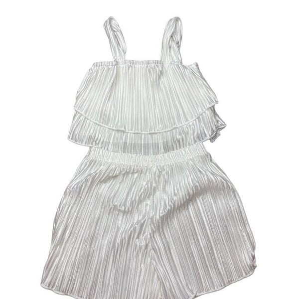 SHEIN White Pleated Halter Drawstring Waist Ruffle Hem Romper Jumpsuit M