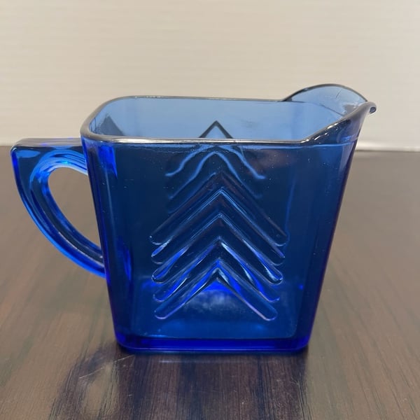 Vintage Hazel Atlas Cobalt Blue Chevron Creamer Depression Glass Pitcher MCM