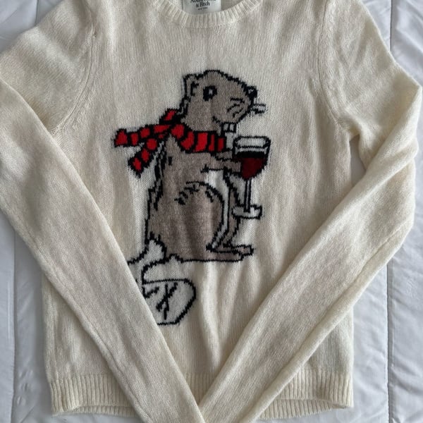 Abercrombie & Fitch Bear Sweater Size 16 Cream Knit Pullover