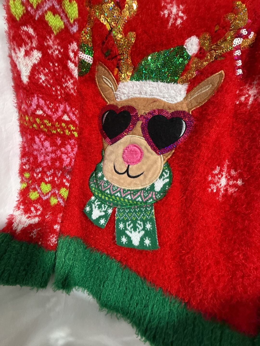 Holiday Time Reindeer Sequin Christmas Sweater Size M (7-8) Red Green Fuzzy 4
