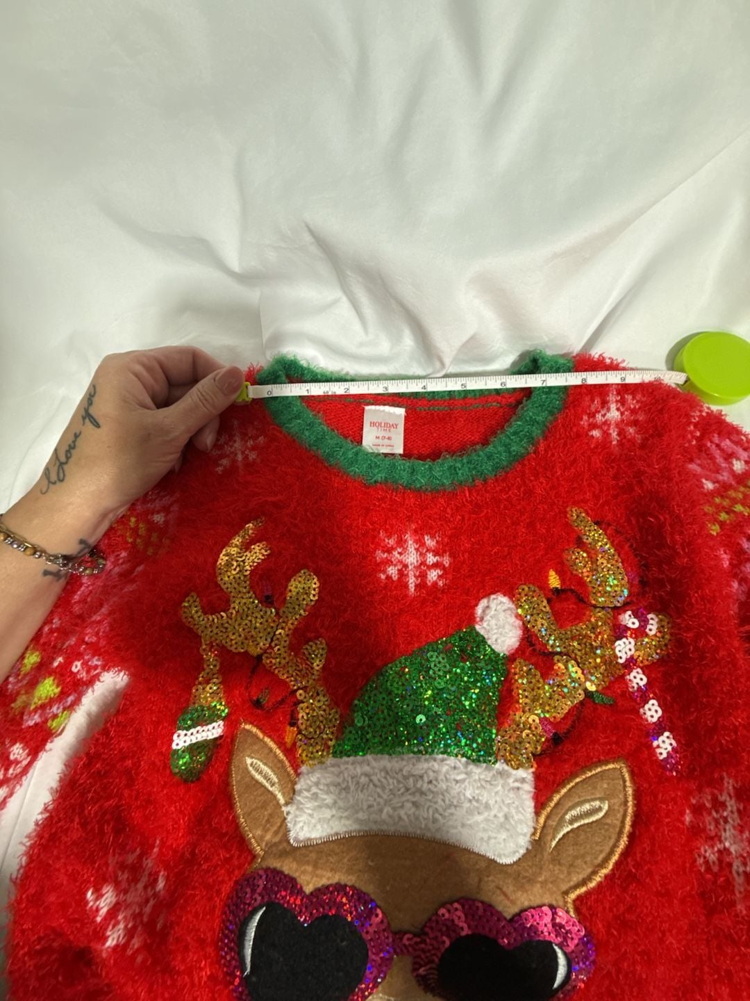 Holiday Time Reindeer Sequin Christmas Sweater Size M (7-8) Red Green Fuzzy 6