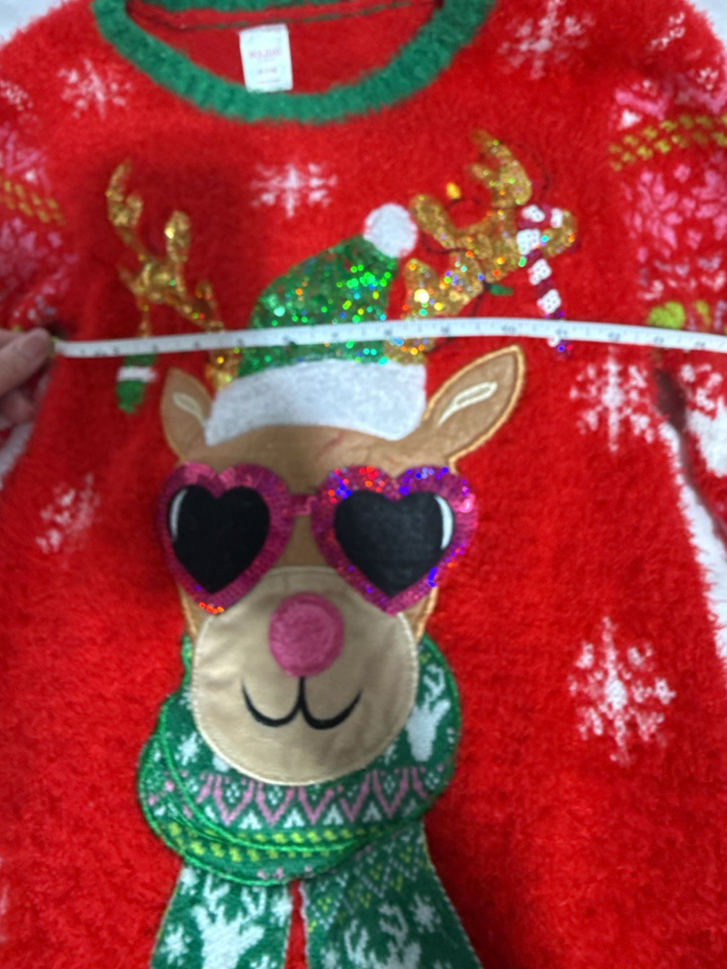 Holiday Time Reindeer Sequin Christmas Sweater Size M (7-8) Red Green Fuzzy 8