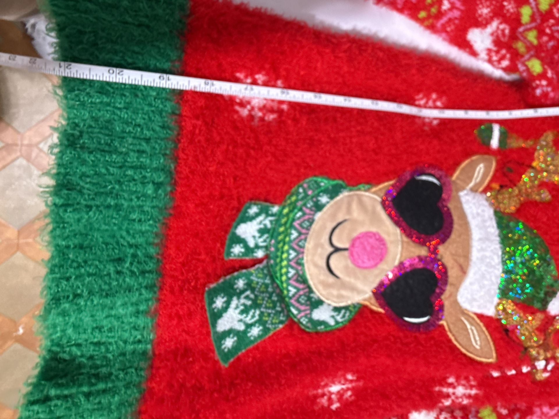 Holiday Time Reindeer Sequin Christmas Sweater Size M (7-8) Red Green Fuzzy 7