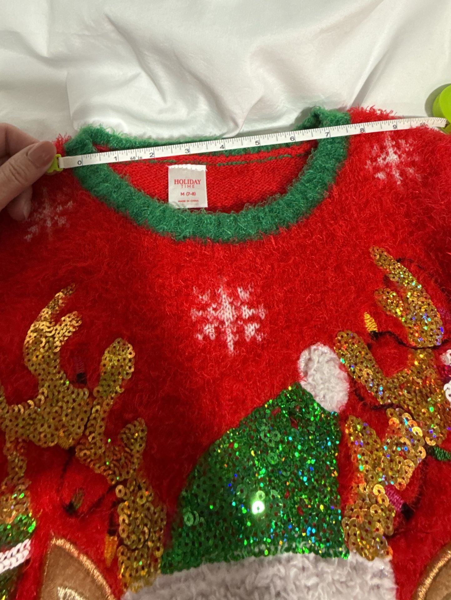 Holiday Time Reindeer Sequin Christmas Sweater Size M (7-8) Red Green Fuzzy 5