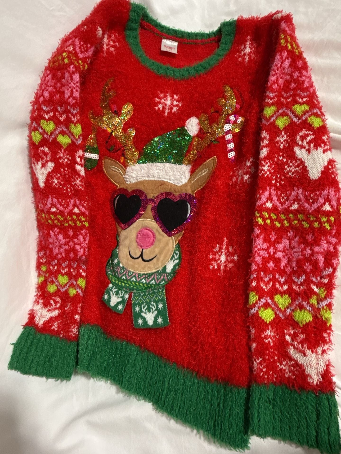 Holiday Time Reindeer Sequin Christmas Sweater Size M (7-8) Red Green Fuzzy 1