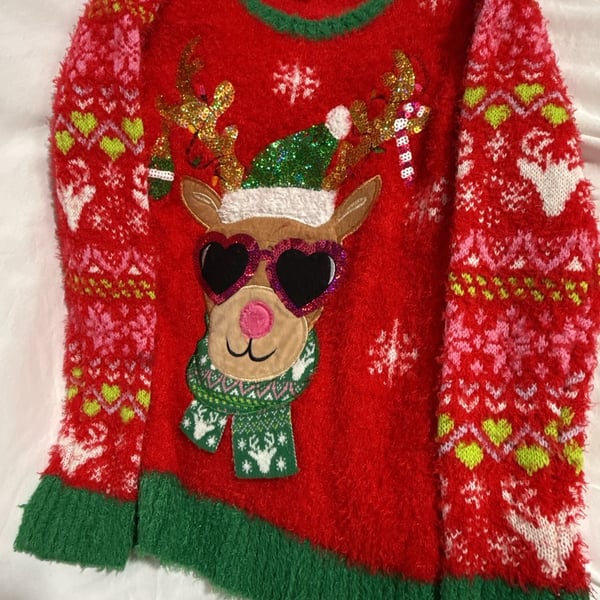 Holiday Time Reindeer Sequin Christmas Sweater Size M (7-8) Red Green Fuzzy
