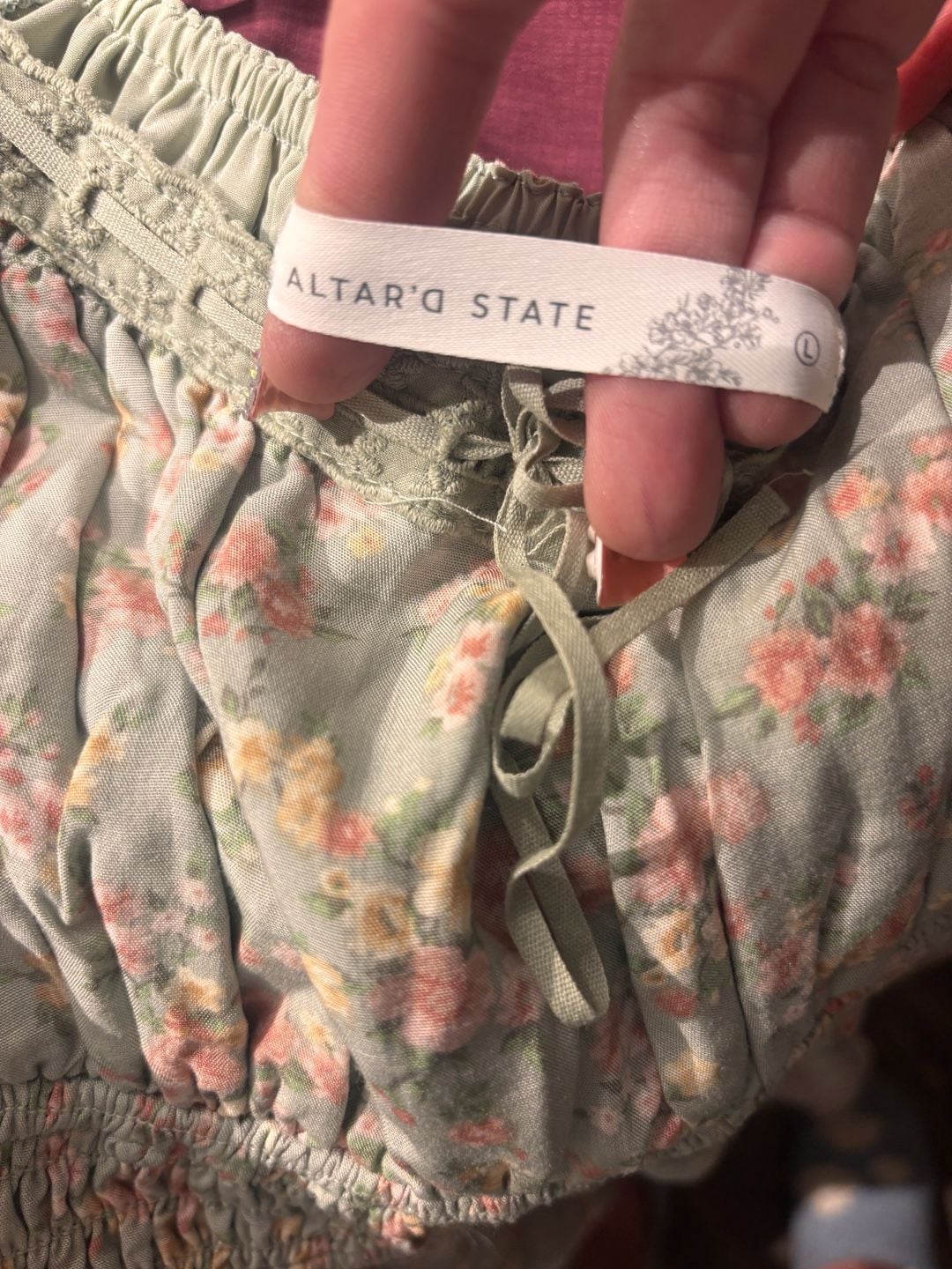 Altar'd State Floral Romper Size L Green Smocked Puff Sleeve 4