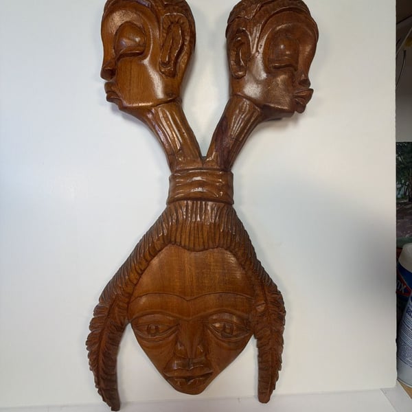Vintage Hand Carved African Wood Wall Sculpture Two Faces Man Woman