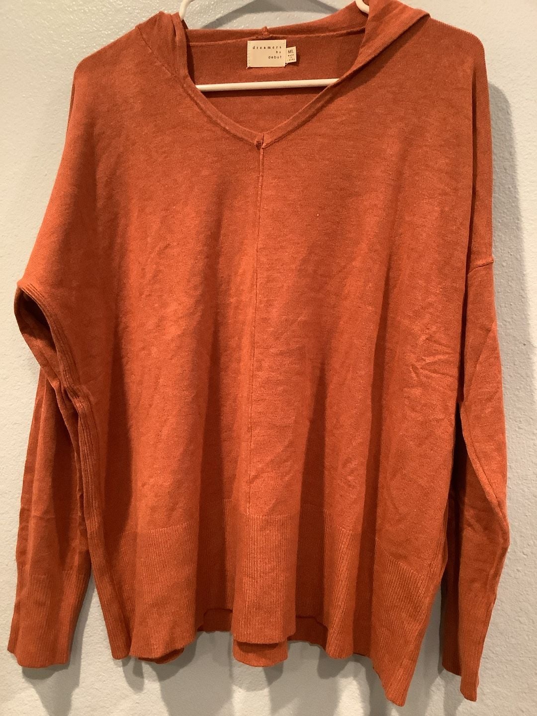 Dreamers by Debut Burnt Orange Hooded V-Neck Sweater Size M/L 2