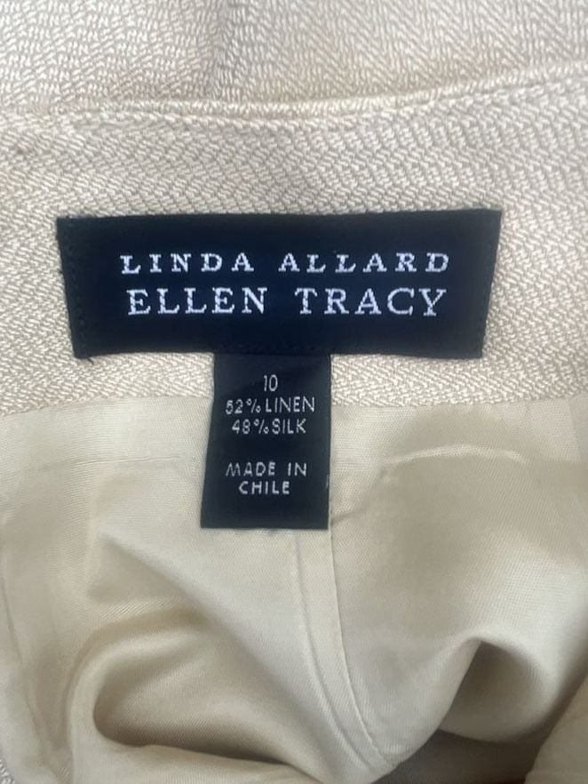 Linda Allard Ellen Tracy Skirt Suit Size 10 Cream Linen Silk 12