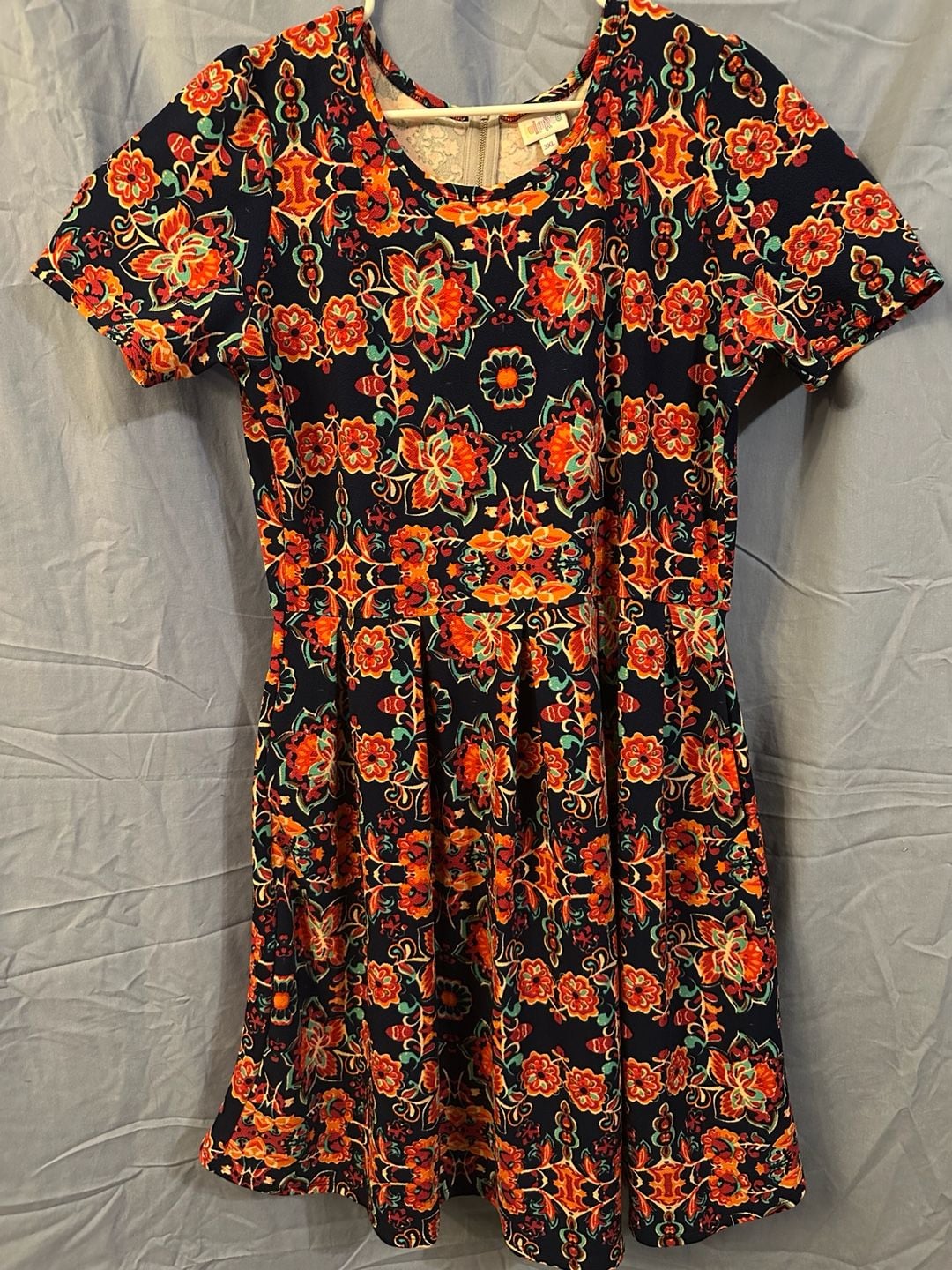 LuLaRoe Amelia Dress Size 3XL Navy Blue Orange Floral Print 2