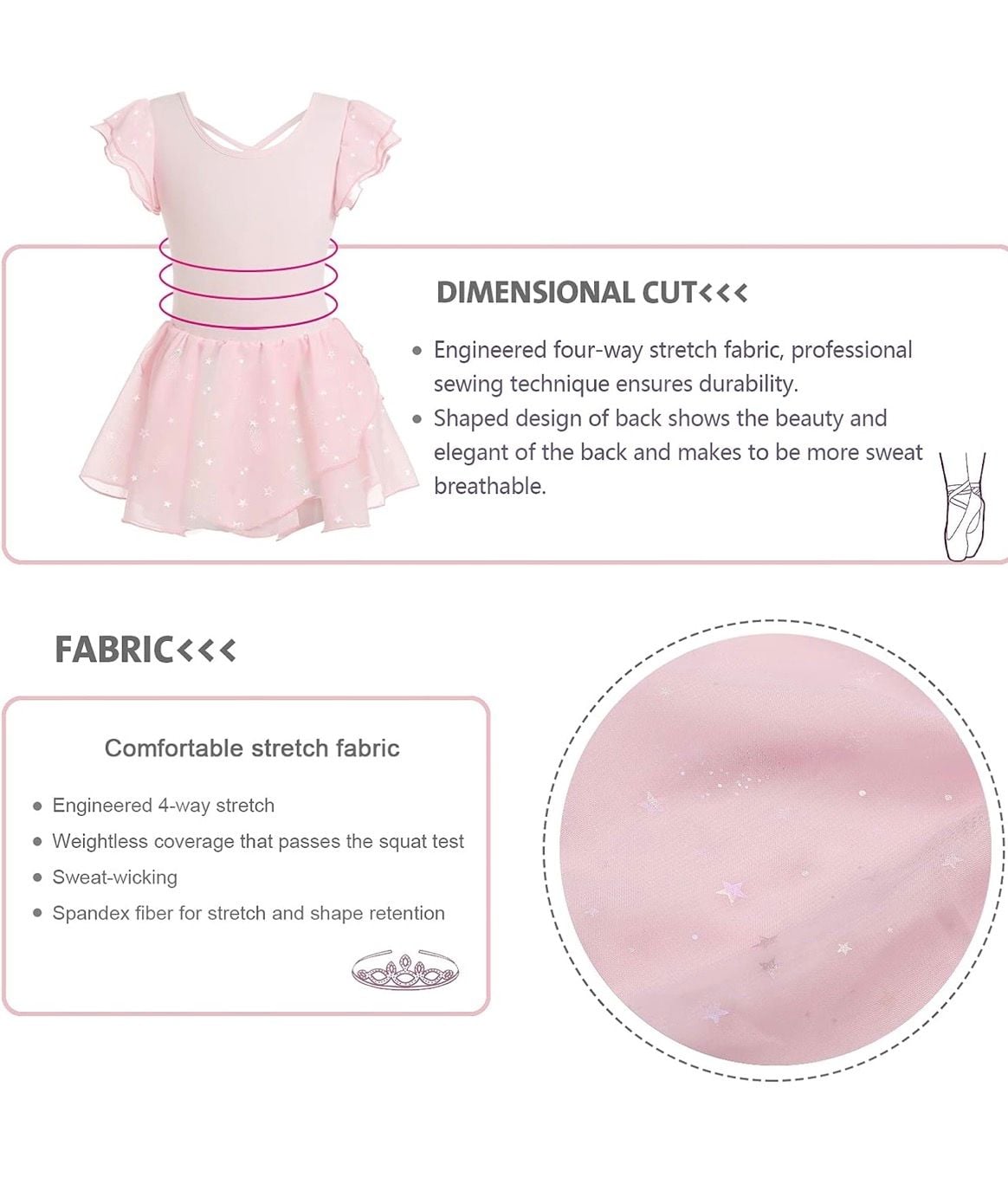 Phineein Girls Ballet Leotard with Skirt Pink Sparkle Star Tutu Dress 4-6 7