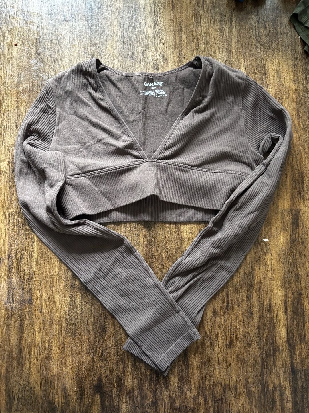 Garage Plunge V-Neck Long Sleeve Crop Top Size M Brown Seamless Ribbed 1