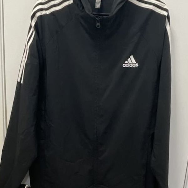 Adidas Black Windbreaker Jacket Size L Hooded Zip Up Track Jacket