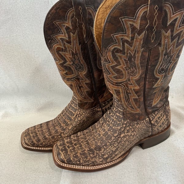 Tony Lama Mitcham Caiman Boots TL5259 Brown Hornback Leather Square Toe