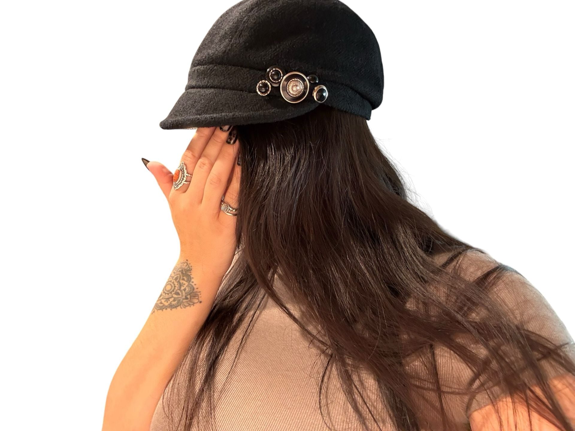 BETMAR New York Black Wool Blend Newsboy Cap with Brooch Detail 3