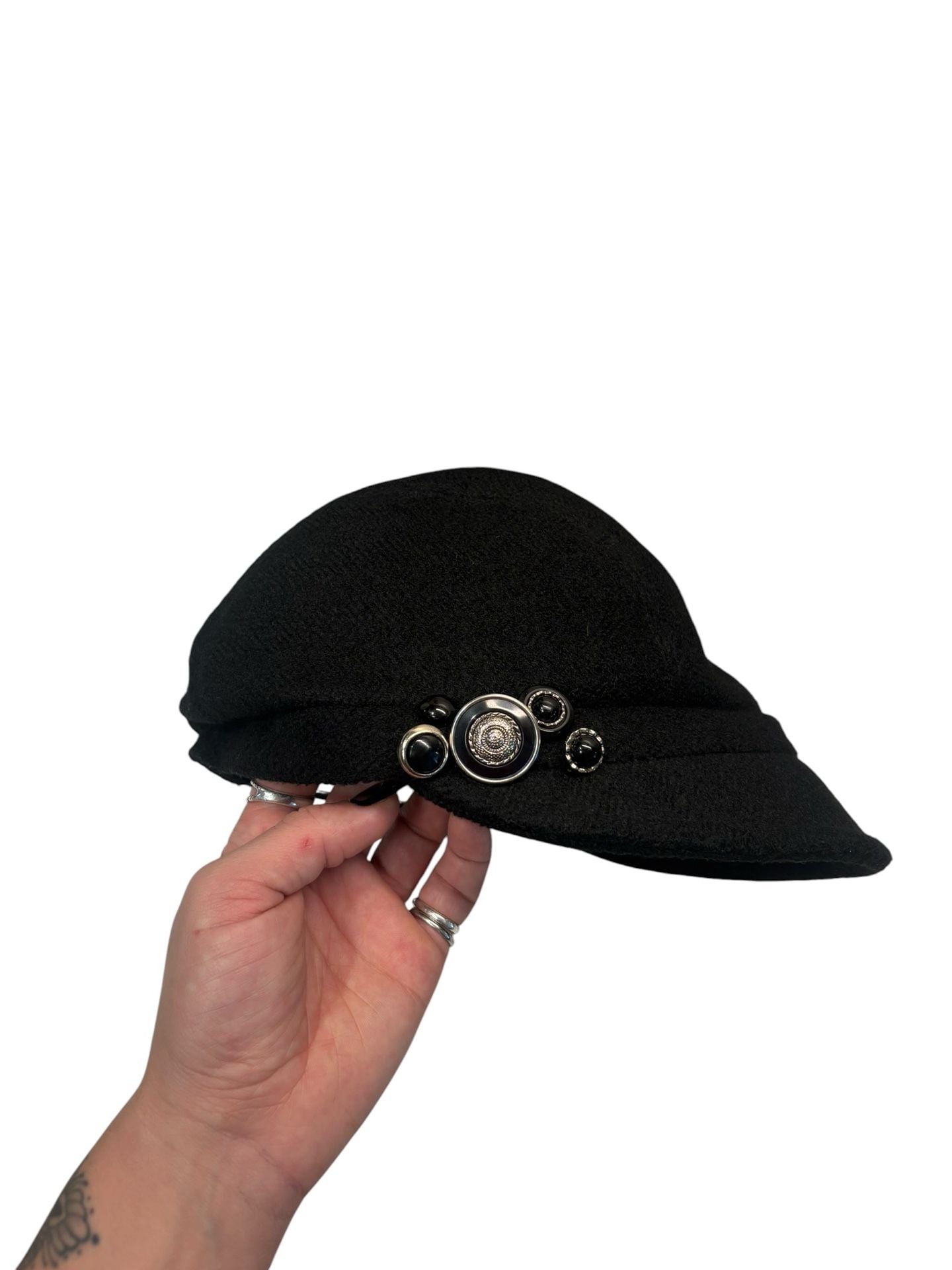 BETMAR New York Black Wool Blend Newsboy Cap with Brooch Detail 2