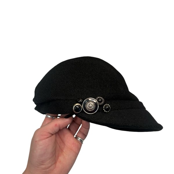 BETMAR New York Black Wool Blend Newsboy Cap with Brooch Detail