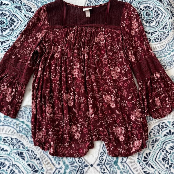 Knox Rose Maroon Floral Print Smocked Scoop Neck Balloon Sleeve Blouse Size S