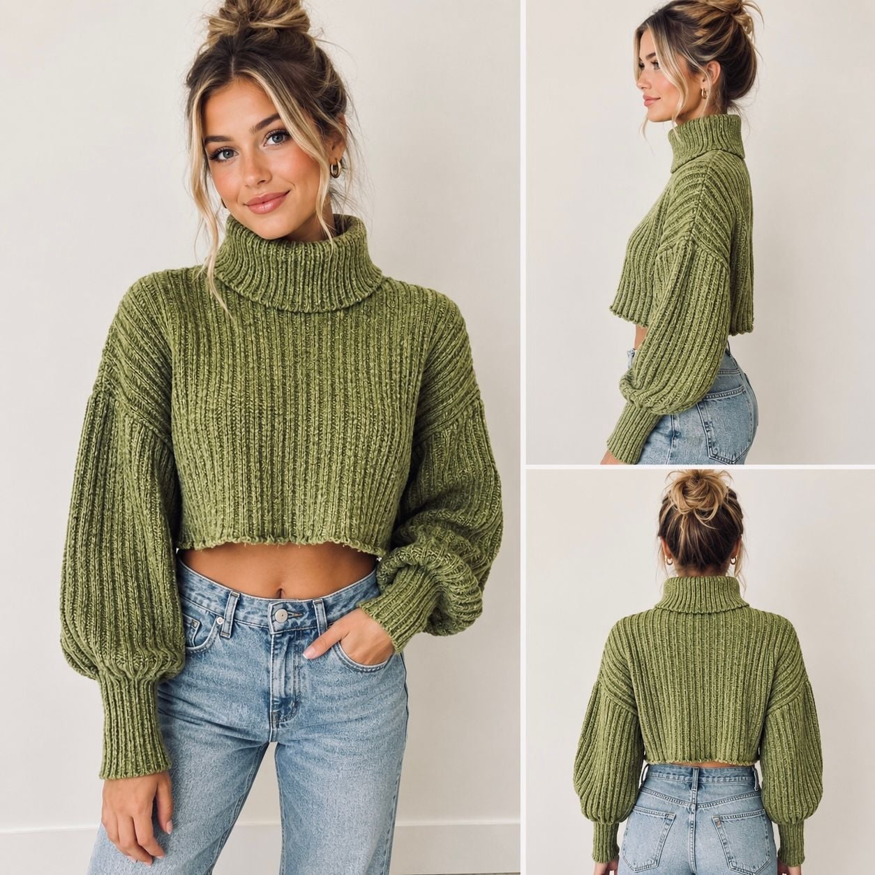 Urban Outfitters cropped cowl neck turtleneck green women’s fall sweater small 2