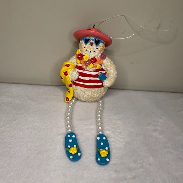 Beach Snowman Christmas Ornament with Hat and Flip Flops
