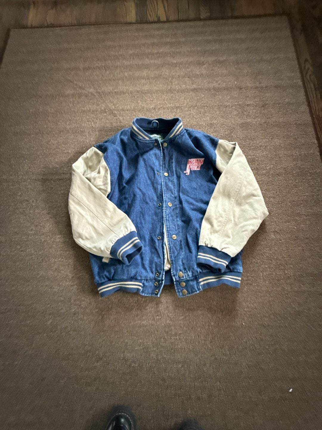 Hit-Wear Varsity Jacket Size L Ingram Fuels Denim Logo Blue Tan 2