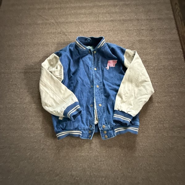 Hit-Wear Varsity Jacket Size L Ingram Fuels Denim Logo Blue Tan