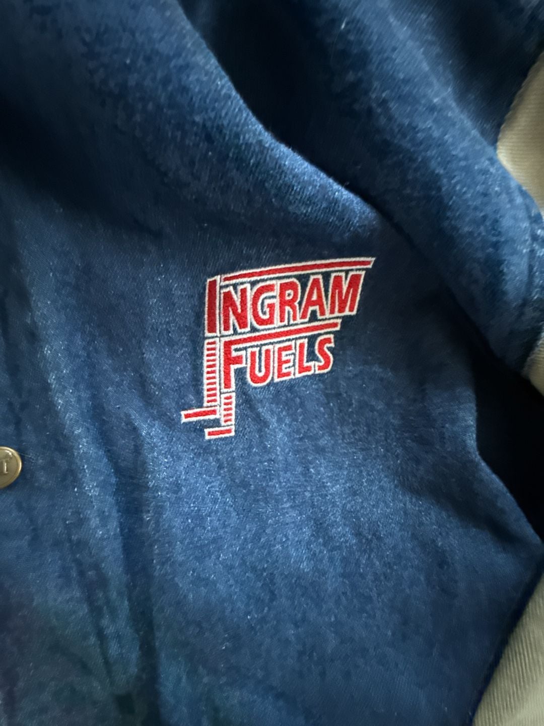 Hit-Wear Varsity Jacket Size L Ingram Fuels Denim Logo Blue Tan 3