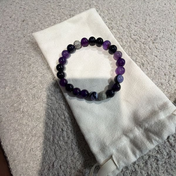 Amethyst and Black Onyx Beaded Bracelet with Silver Accents
