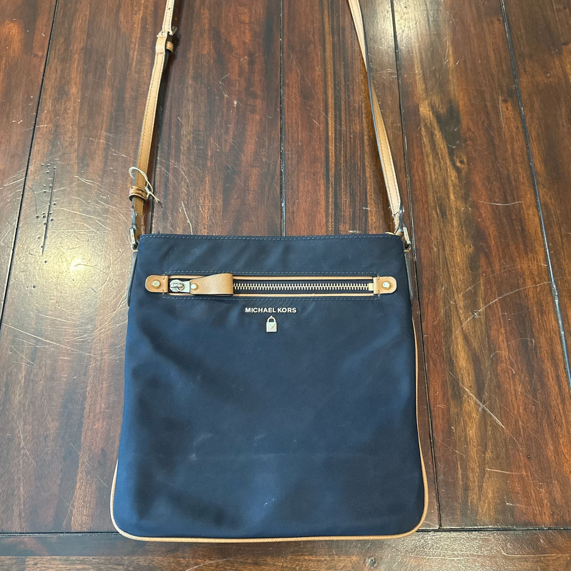 Michael Kors Kelsey Nylon Navy Blue Brown Crossbody Bag 2