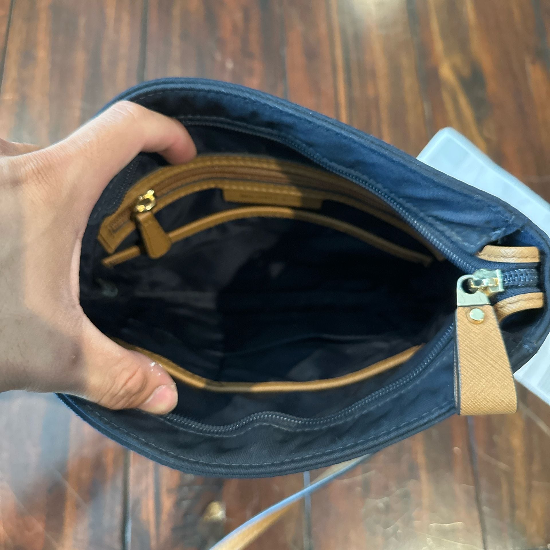 Michael Kors Kelsey Nylon Navy Blue Brown Crossbody Bag 4