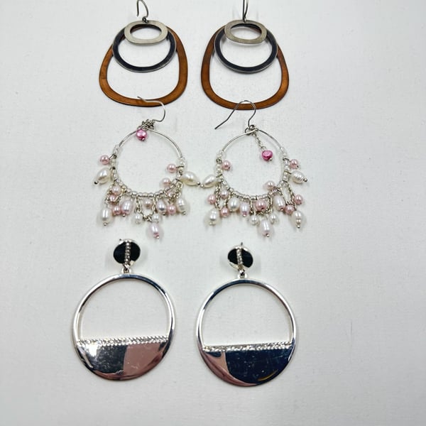 Assorted Earrings Lot of Three Pairs Silver Tone Dangle Beaded Chandelier Hoop