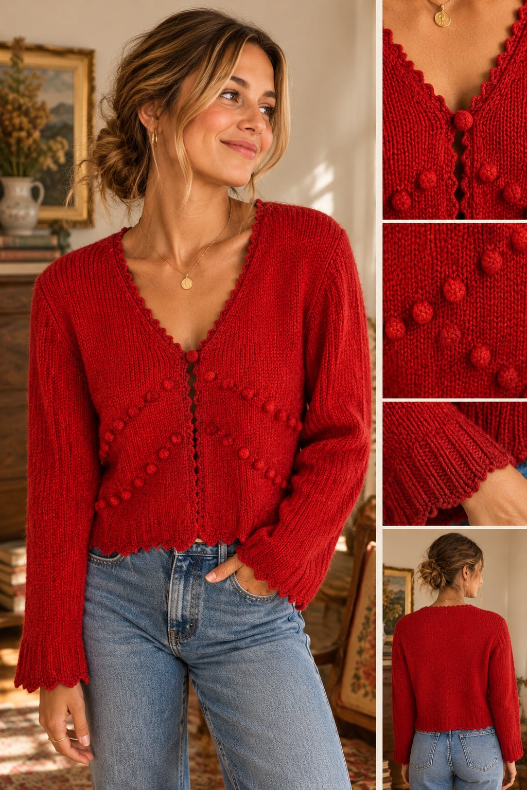 Vintage Baluchi Red Popcorn Knit Cardigan Sweater Scalloped Trim V-Neck M/L 2