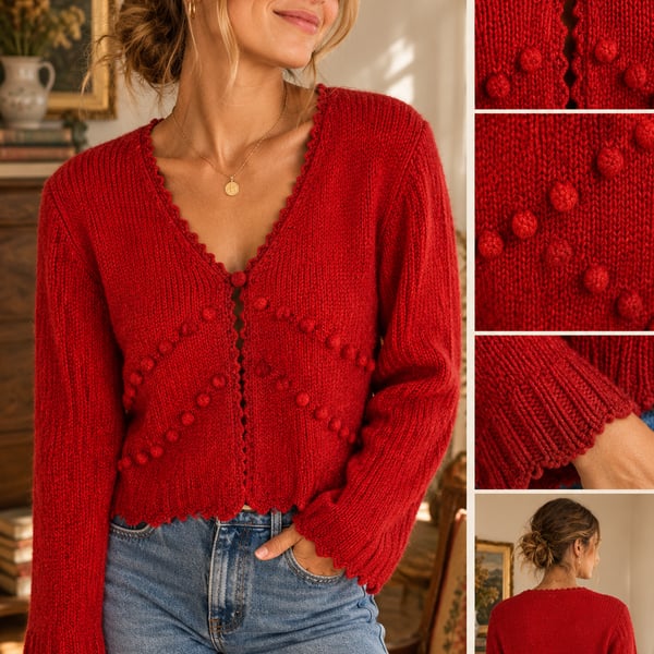 Vintage Baluchi Red Popcorn Knit Cardigan Sweater Scalloped Trim V-Neck M/L
