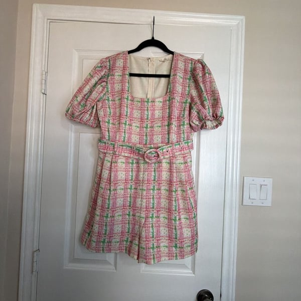 Entro Pink and Green Gingham Puff Sleeve Romper Size L