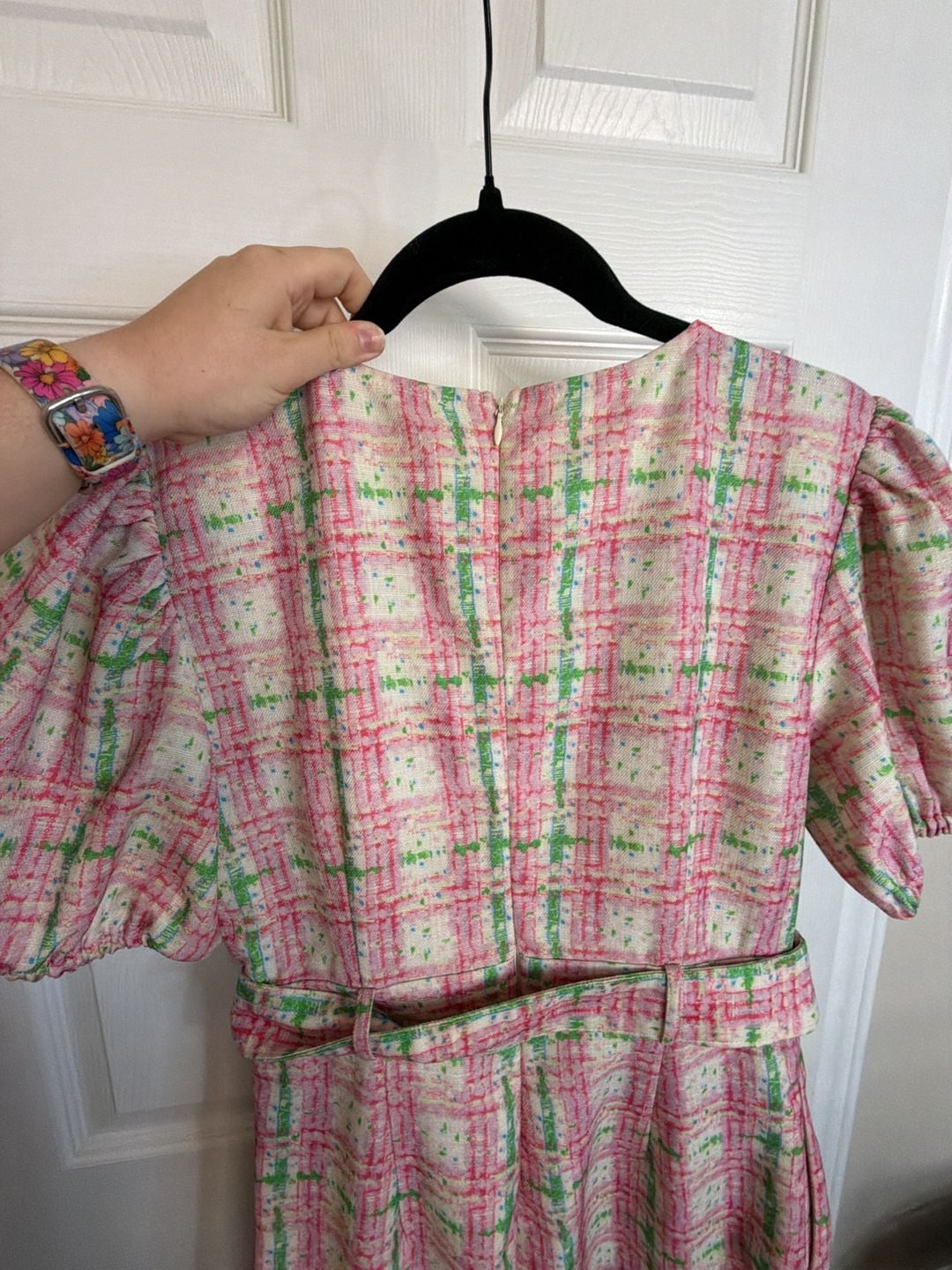 Entro Pink and Green Gingham Puff Sleeve Romper Size L 7