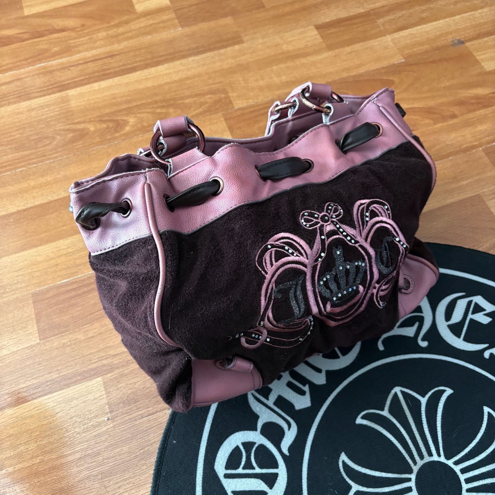 Juicy Couture Daydreamer Velour Pink Green Y2K Pom Pom Bag Purse 3