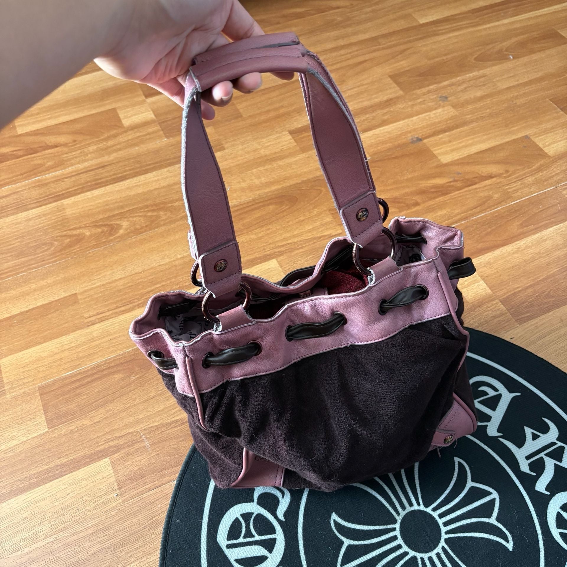 Juicy Couture Daydreamer Velour Pink Green Y2K Pom Pom Bag Purse 6