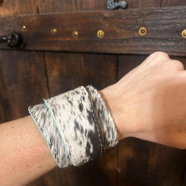 Hair on Hide Wrap Around Leather Cuff Bracelet, Brindle Cowhide, Western Jewelry