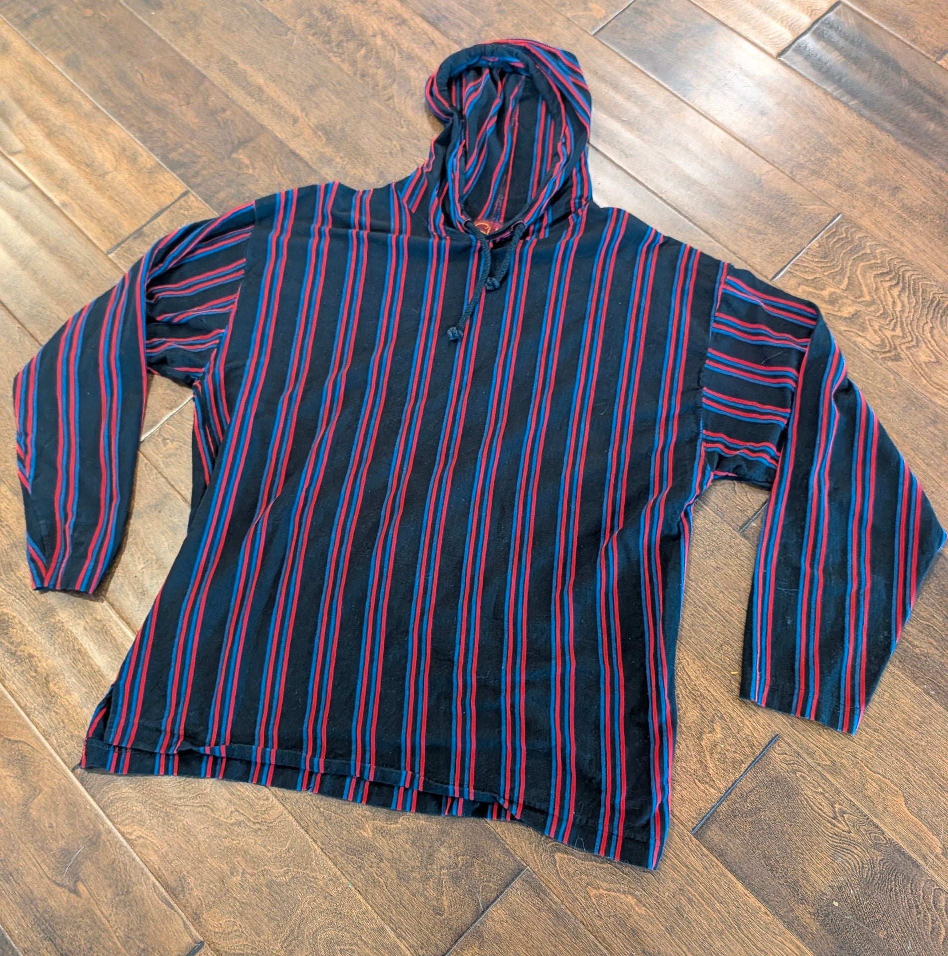 90s Vintage Shah Safari Sportswear Striped Baggy Shirt Size L Cotton Poncho Hoodie 2