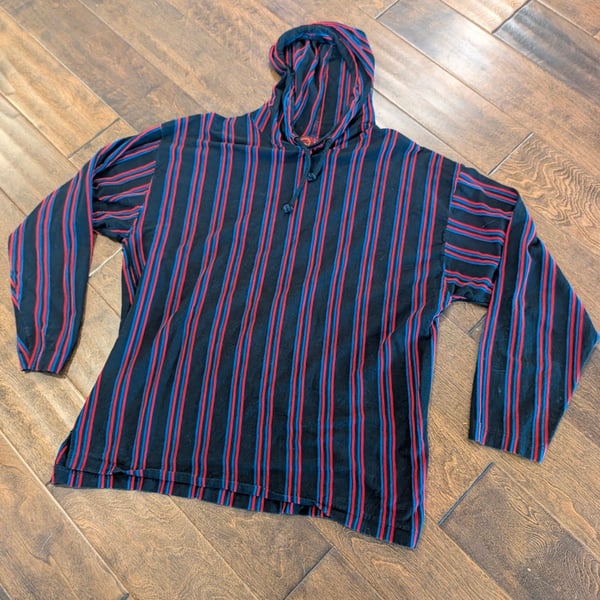 90s Vintage Shah Safari Sportswear Striped Baggy Shirt Size L Cotton Poncho Hoodie