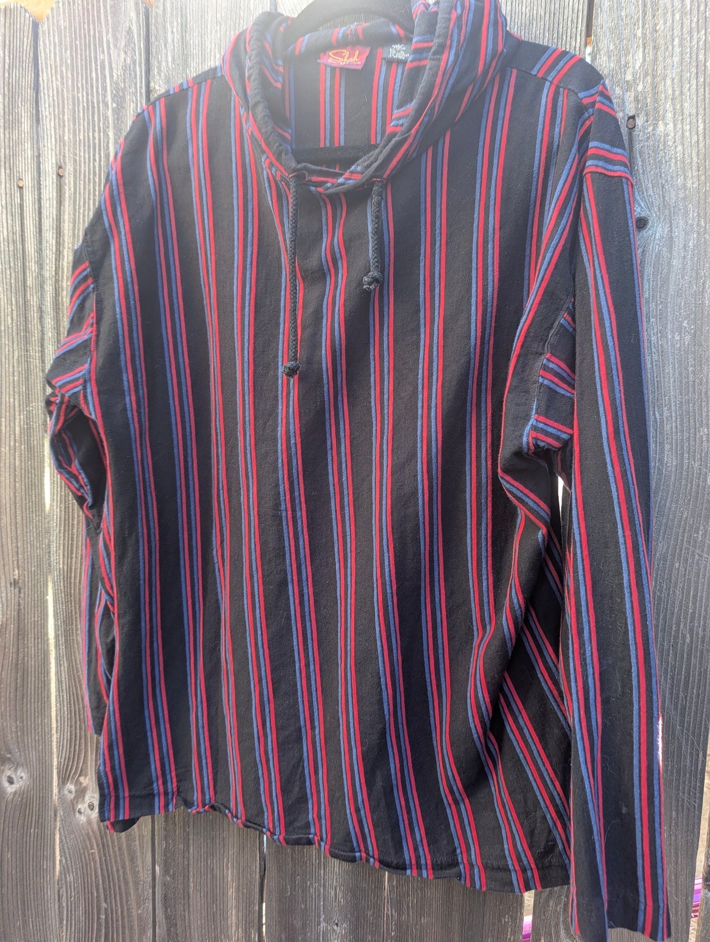 90s Vintage Shah Safari Sportswear Striped Baggy Shirt Size L Cotton Poncho Hoodie 6