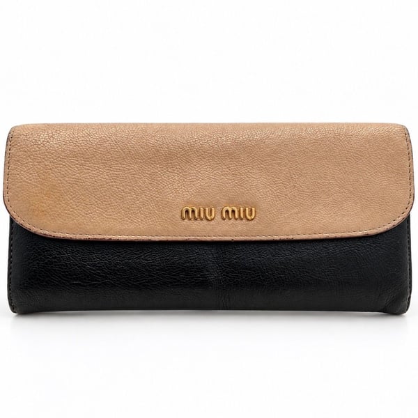 Miu Miu Madras Bicolore Continental Wallet Black Beige Leather Gold Logo