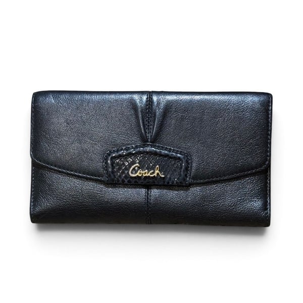 Coach Black Leather Tri-Fold Envelope Wallet with Zipper Compartment