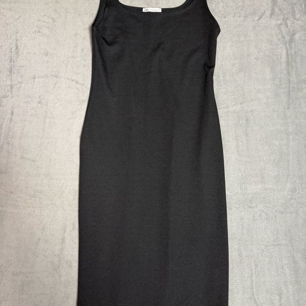 Zara Square Neck Midi Dress Size L Black Bodycon