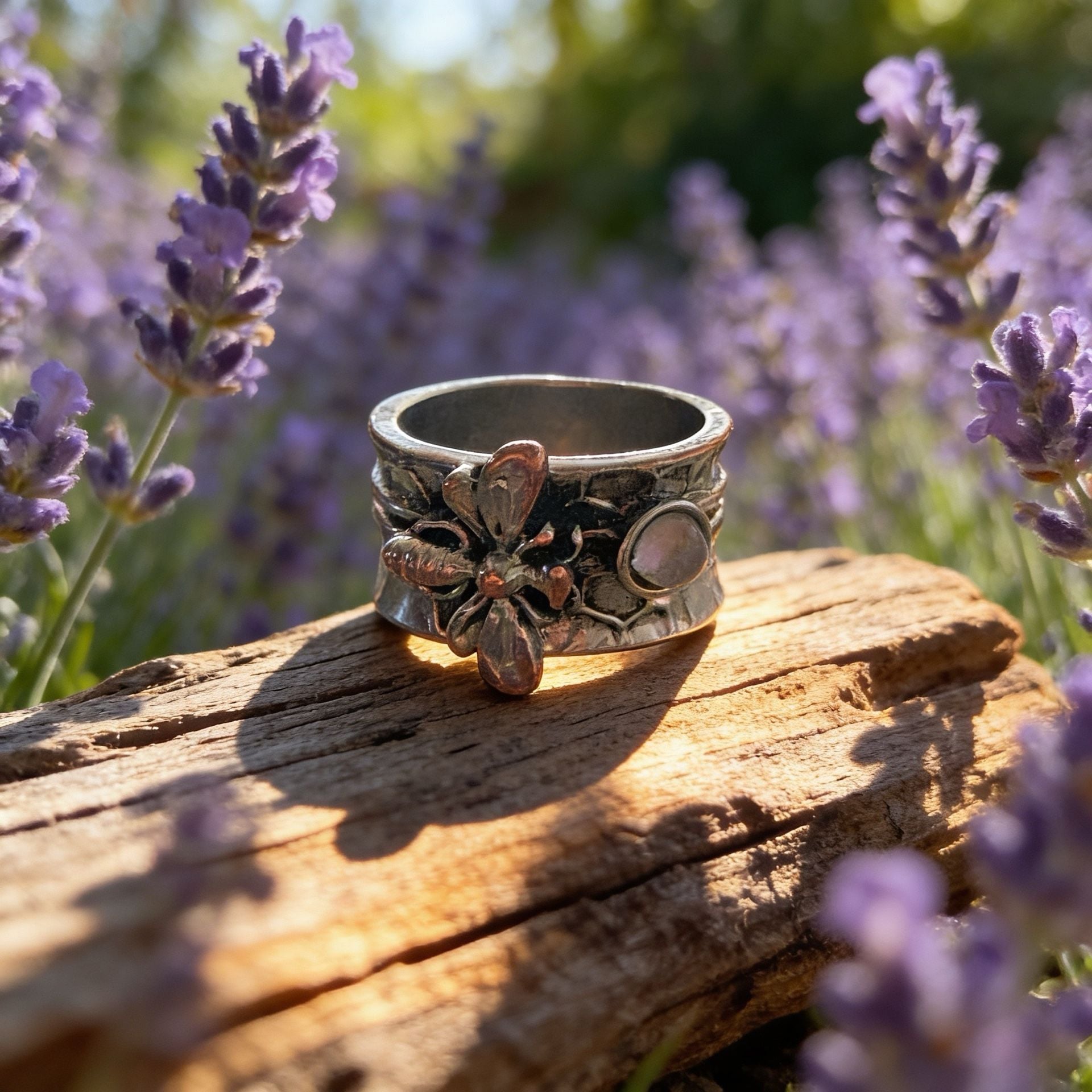 Boho Magic Silver And Brass Honeybee with moonstone Ring Size 7 2