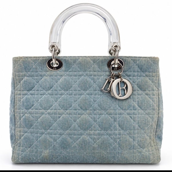 Dior Lady Dior Large Blue Denim Cannage Bag Acrylic Handles with COA