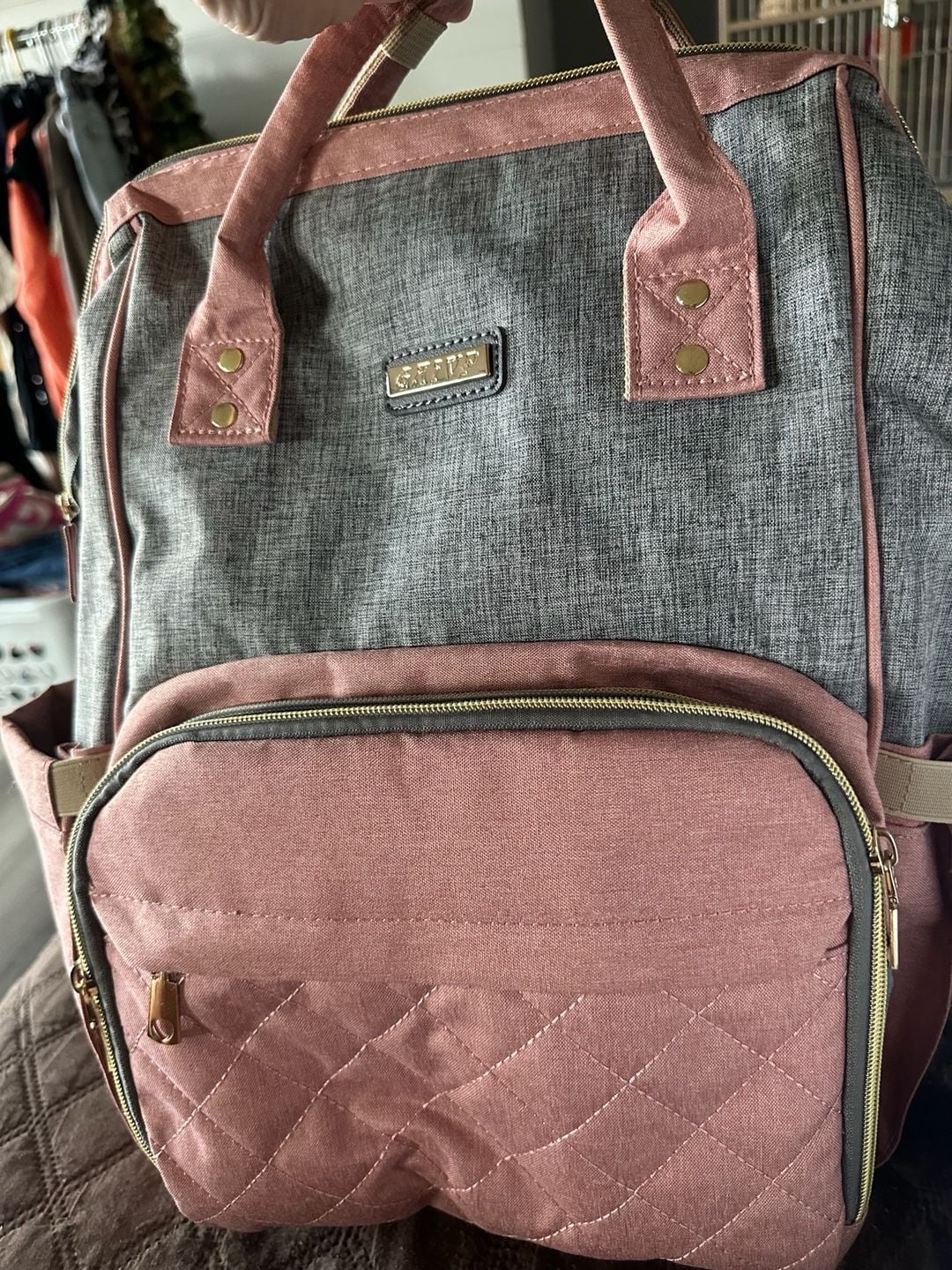 GAIVP Diaper Bag Backpack Grey Pink Quilted Travel Mommy Bag 2